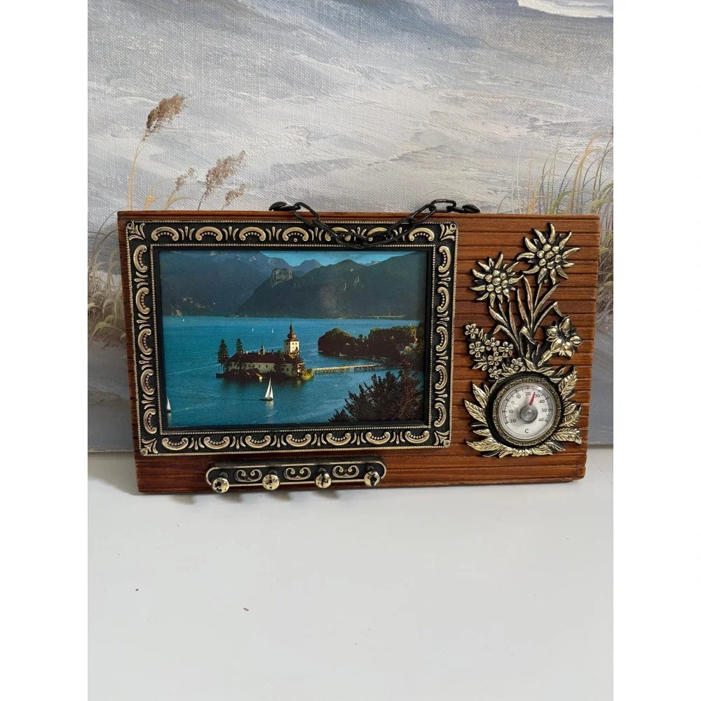 Vintage Alpine Wood Wall Plaque Key Rack Thermometer Edelweiss Lake Castle Decor